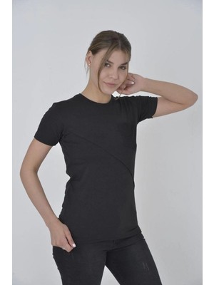 Mbb E-Ticaret Kadın File Cepli T-Shirt Kısa Kol Bisiklet Yaka Slimfit Tişört  - Siyah