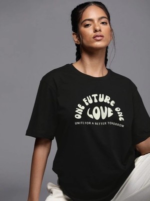 Mbb E-Ticaret Kadın Baskılı T-Shirt Kısa Kol Bisiklet Yaka Oversize Rahat Kalıp Tişört - Siyah