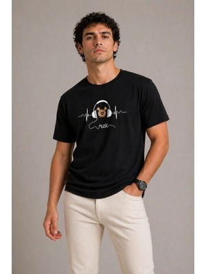 Mbb E-Ticaret Erkek Müzik Temalı Baskılı Tişört Bisiklet Yaka Kısa Kol T-Shirt - Siyah