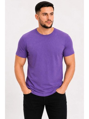Mbb E-Ticaret Erkek Basic Tişört Bisiklet Yaka Kısa Kol Günlük Yazlık Slim Fit T-Shirt - Mor
