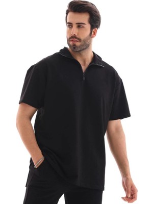 Mbb E-Ticaret Erkek Yarım Fermuarlı Düz Oversize T-Shirt - Siyah