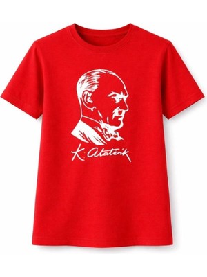 Mbb E-Ticaret Kız Çocuk Atatürk Baskılı Tişört Kısa Kollu Bisiklet Yaka T-Shirt - Kırmızı