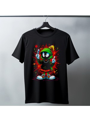 Mbb E-Ticaret Marvin The Martian Graffiti Baskılı Unisex Siyah Tişört - 24/1 Penye Pamuklu