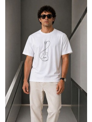 Mbb E-Ticaret Erkek Minimal Gitar Baskılı Tişört T-Shirt Yazlık Kısa Kol Bisiklet Yaka T-Shirt - Beyaz