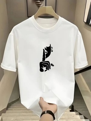 Mbb E-Ticaret Kadın T-Shirt Bisiklet Yaka Kısa Kol Baskılı Tişört - Beyaz