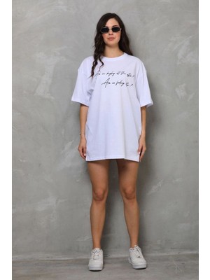 Mbb E-Ticaret Kadın Kısa Kol Yazlık Tişört Bisiklet Yaka Baskılı Oversize T-Shirt - Beyaz