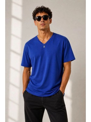 Mbb E-Ticaret Erkek V Yaka Basic Tişört Kısa Kol Yazlık Regular Fit T-Shirt - Saks Mavisi