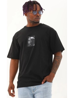 Mbb E-Ticaret Erkek Kısa Kol Yazlık Tişört Bisiklet Yaka Baskılı Oversize T-Shirt - Siyah