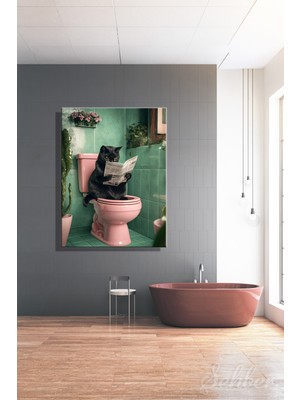 Şehber Dekoratif Dikey Kanvas Tablo Tekli Ev Kafe Ofis Banyo Dekorasyonu Gazete Okuyan Kedi 1950