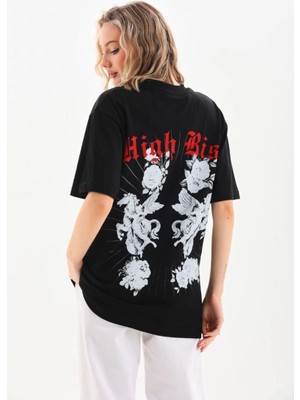 Mbb E-Ticaret Kadın Kısa Kol Yazlık Tişört Bisiklet Yaka Baskılı Oversize T-Shirt - Siyah