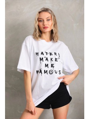 Mbb E-Ticaret Kadın Ön ve Arka Baskılı Oversize kısa Kol  T-Shirt - Beyaz