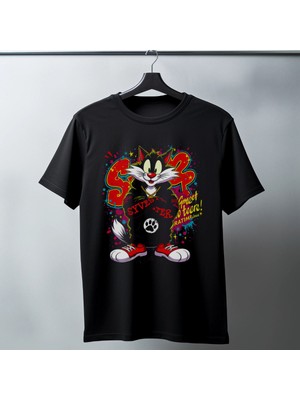 Mbb E-Ticaret Sylvester Graffiti Baskılı Unisex Siyah Oversize Tişört - 24/1 Penye