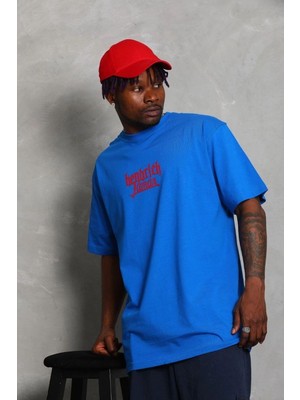 Mbb E-Ticaret Erkek Baskılı Tişört Kısa Kol Bisiklet Yaka Oversize T-Shirt - Mavi