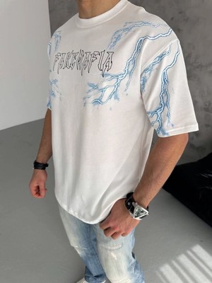 Mbb E-Ticaret Erkek Bisiklet Yaka Tişört Yıldırım Şimşek Baskılı Kısa Kol T-Shirt - Beyaz