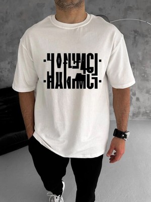 Mbb E-Ticaret Erkek Tişört Kısa Kol Bisiklet Yaka Katlanan Hanımcı Baskılı T-Shirt - Beyaz