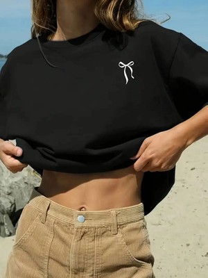 Mbb E-Ticaret Kadın Tişört Fiyonk Baskılı Bisiklet Yaka Yazlık Kısa Kol Oversize T-Shirt - Siyah