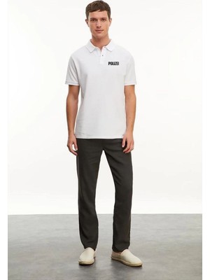 Mbb E-Ticaret Erkek Polo Yaka Düğmeli Tişört Pike Baskılı T-Shirt - Beyaz