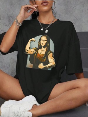Mbb E-Ticaret Kadın Baskılı T-Shirt Kısa Kol Bisiklet Yaka Oversize Rahat Kalıp Tişört - Siyah