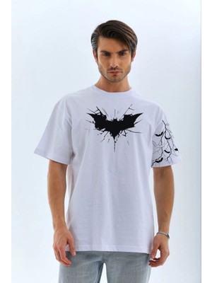Mbb E-Ticaret Erkek Bisiklet Yaka Tişort Ön ve Kol Yarasa Baskılı T-Shirt - Beyaz