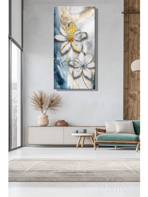 Şehber Panoramik Dikey Kanvas Tablo Tekli Ev Kafe Ofis Gold Efekt  Beyaz Çiçekler 2191