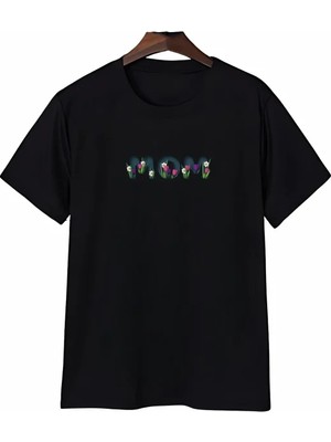 Etiler Collection Anneler Günü Mom Çiçek Temalı Baskılı Oversize Bisiklet Yaka T-Shirt - Siyah