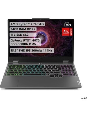 Altes Grup Loq 15ARP9 | Ryzen 7 7435HS | 24 GB Ram Ddr5 | 1 Tb SSD | RTX4070 8gb Gddr6 115W | 15.6" Fhd (1920X1080) IPS 300NITS Anti-Glare, 100% Srgb, 144Hz, G-Sync® | Gaming Laptop | 83JC00F6TR