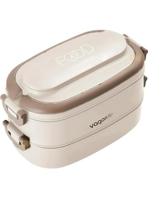 Altes Grup Bento 1140ML Lunchbox 2 Katlı 4 Bölmeli Mini Kaseli Çelik Sefer Tası Yemek Kutusu (Bej)
