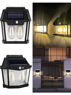 Altes Grup Solar Güneş Enerjili Lamba 2 Ampul Flament LED Hareket Sensörlü 3 Işık Modlu Aplik Su Geçirmez Duvar Teras Veranda Bahçe Agaç Patika Garaj Balkon Dekorasyon Aydınlatma 1 Adet
