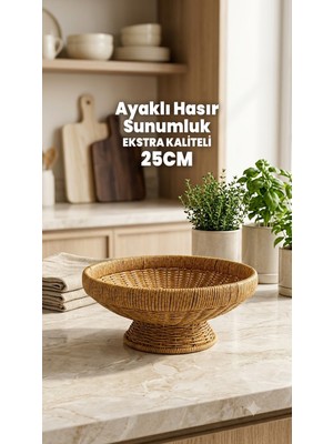 Destpak 25CM Ayaklı Sunumluk - Dekoratif Meyvelik Çerezlik - Rattan Kase Tabak Sepet - Ekstra Kaliteli Çelik Hasır