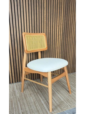 Silla Mabel Sandalye Teddy Krem Kumaş Hasırlı Naturel Ahşap Sandalye