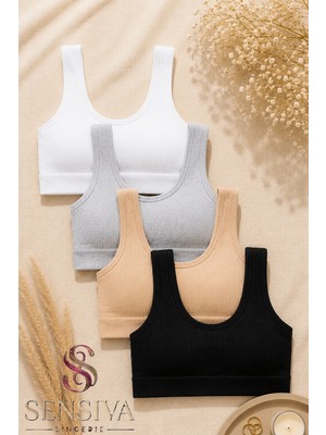 Sensiva Lingerie 4 ' Lü Fitilli Kalın Askı Bustiyer  - Yanları Kapatan Pamuklu Crop Yarım Atlet - Telsiz Konfor ( 4 Adet ) Siyah-Beyaz-Ten-Gri
