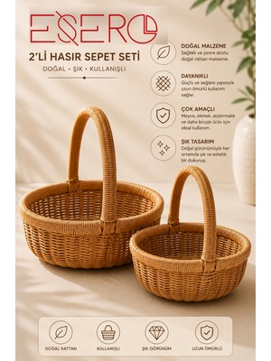 Esero 1022 El Yapımı 2'li Hasır Sepet Seti Dekoratif Servis ve Organizer Sepeti