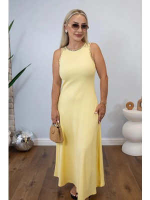 Muna Boutique Taş Çakımlı Askılı Fitilli Sarı Elbise
