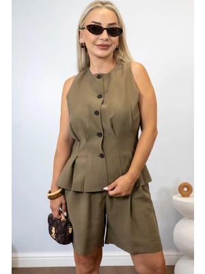 Muna Boutique Haki Pileli Yelek Şort Takım