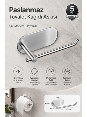 Alper Banyo Premium 304 Paslanmaz Çelik Tuvalet Kağıtlığı, Yapışkanlı Mat Krom Tuvalet Kağıdı Askısı, 5 Yıl Garantili