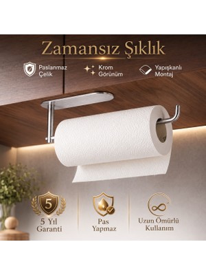 Alper Banyo Premium Paslanmaz Çelik Mat Krom Yapışkanlı Kağıt Havluluk, Dolap Altı Mutfak Peçetelik, Matkapsız Montaj