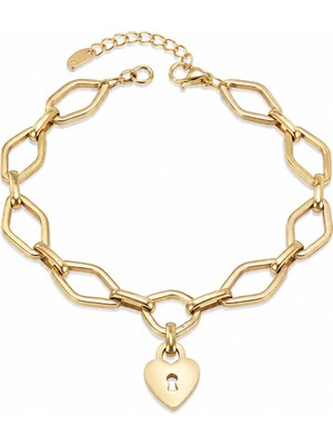 Serelya 316L Çelik Gold Renk Zincir Model Kilit Kalp Figür Kadın Bileklik