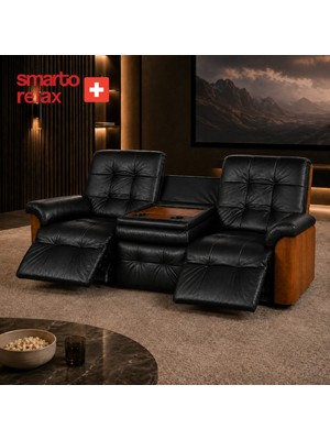 Smarto Relax Berlin 3’lü Tv Koltuğu Orta Konsollu Bardaklıklı Deri Yatan Ayak Uzatmalı Ergonomik Sinema Koltuğu