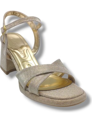 Erbay 405-26 Simli Çupra Kumaş Çapraz Bant Kalın Topuk Kadın Sandalet(7cm)