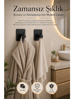 Alper Banyo Premium Mat Siyah 2’li Bornoz ve Havlu Askısı, 304 Paslanmaz Çelik Yapışkanlı Askılık Seti, 5 Yıl Garantili