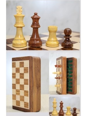 Küçük Hazine Mıknatıs Taşlı Ahşap Katlanabilir Kutulu Satranç Oyunu 12.5 cm G610