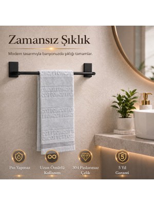 Alper Banyo Premium Siyah Uzun Havlu Askısı 40 Cm, 304 Paslanmaz Çelik Yapışkanlı Havluluk, 5 Yıl Garantili
