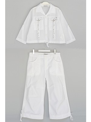 DobaKids Taş Işlemeli Crop Gömlek & Bol Paça Pantolon Takım Beyaz - Cloudwalk Series - 001-0002176