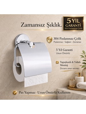 Alper Banyo Rosa Model Krom Kapaklı Tuvalet Kağıtlığı, 304 Paslanmaz Çelik Açık Tuvalet Kağıdı Askısı, Yapışkanlı ve Vidalı Montajlı, 5 Yıl Garantili