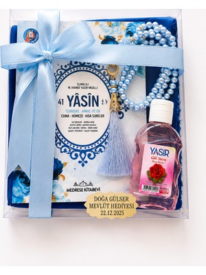 Bilenler Mevlit Hediye Seti Isim Baskılı-  Eşarp Inci Tesbih Gül Suyu Özel Kutulu Set