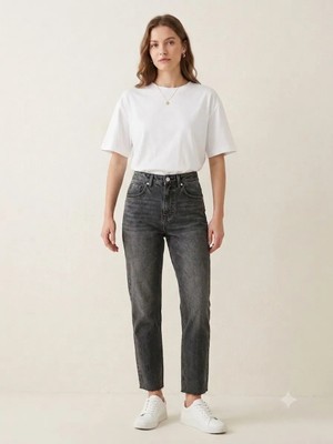 Moda Rüyası Kadın Yüksek Bel Füme Yıkamalı Mom Fit Jean Pantolon Günlük Rahat Denim Pantolon