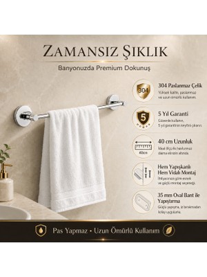 Alper Banyo Rosa Model Krom Uzun Havlu Askısı, 304 Paslanmaz Çelik 40 cm Uzun Havluluk, Yapışkanlı ve Vidalı Montajlı, 5 Yıl Garantili