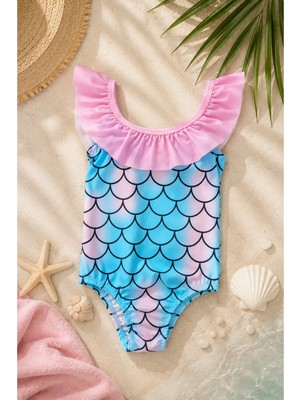 Bilge Trend Kız Çocuk Fırfır Detaylı Deniz Kızı Desenli Mayo