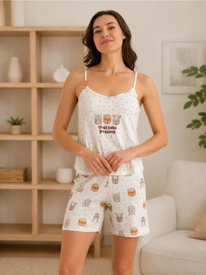 Pijamoni Oslo Kumaş Ip Askılı Şortlu Kadın Pijama Takımı