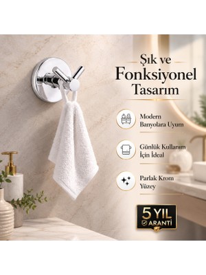 Alper Banyo Rosa Model Krom Ikili Bornoz ve Havlu Askısı, 304 Paslanmaz Çelik Yapışkanlı ve Vidalı Askılık, 5 Yıl Garantili